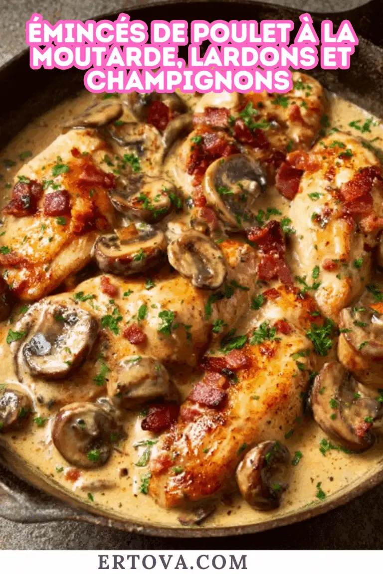 Émincés de poulet à la moutarde, lardons et champignons