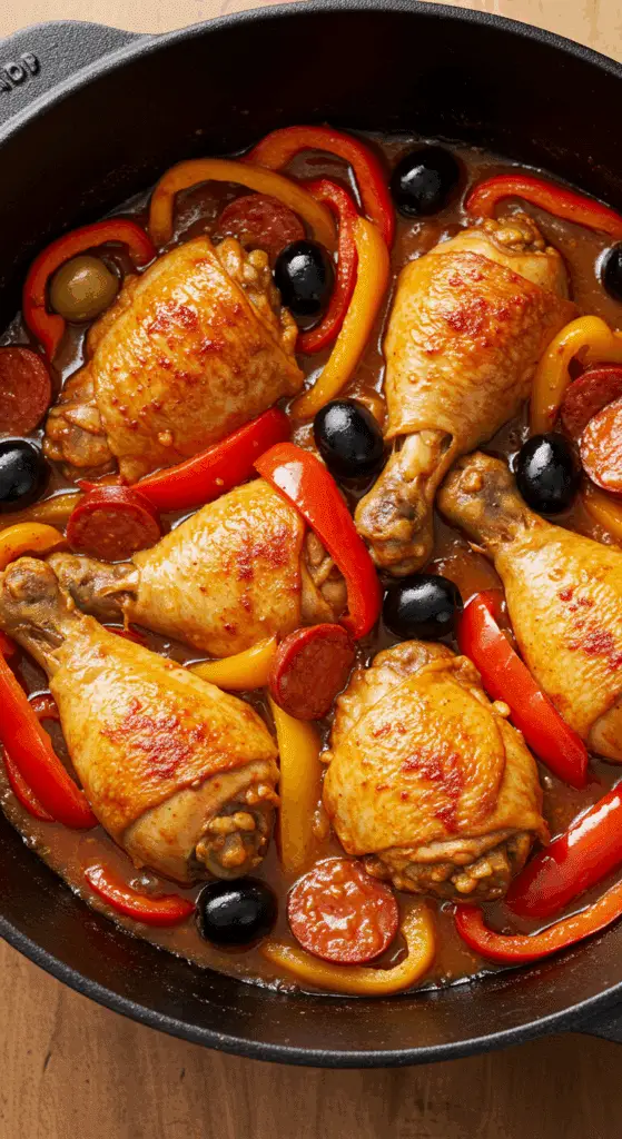 poulet à l'espagnole dans une sauteuse avec poivrons chorizo et olives