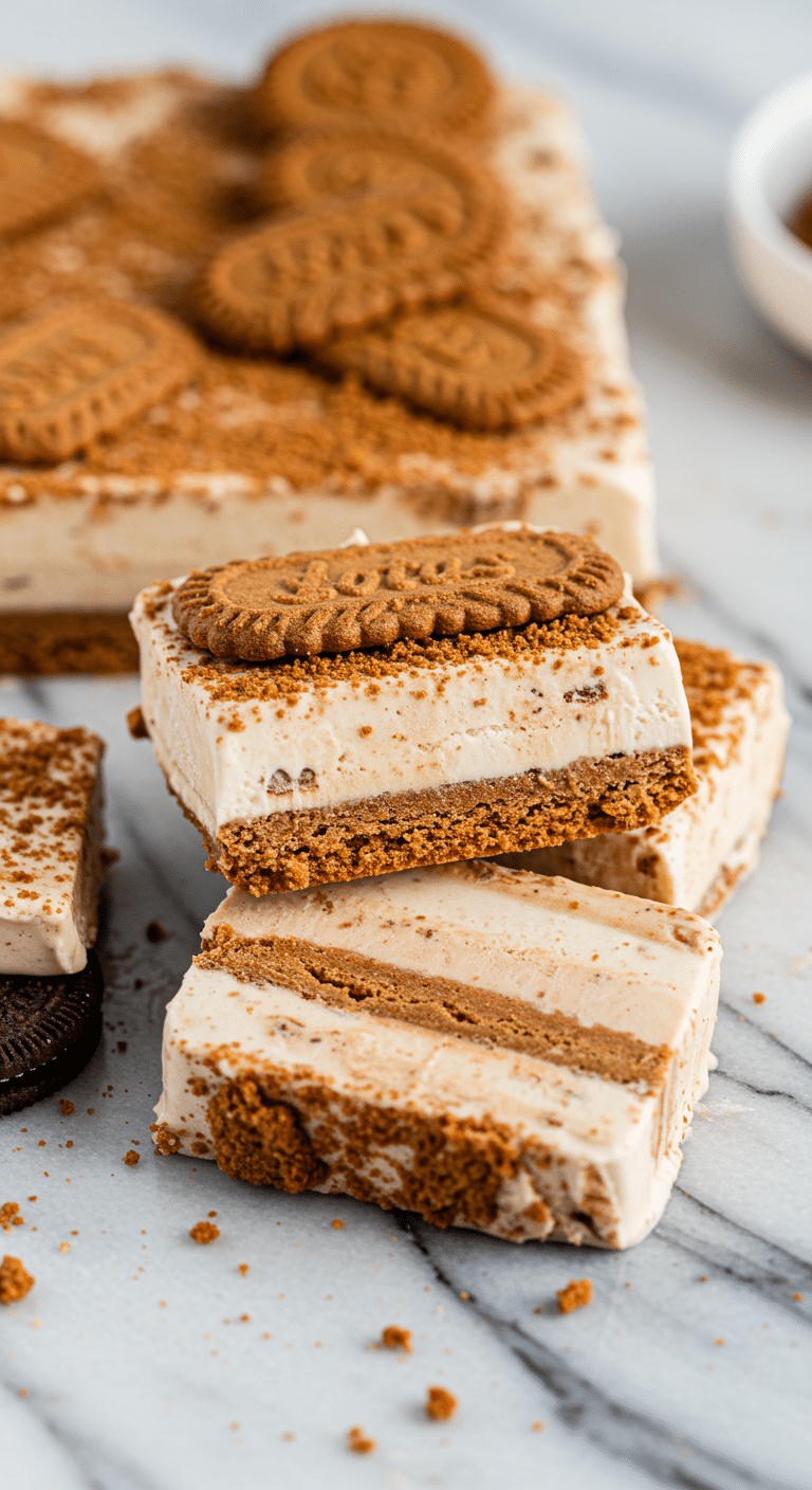 Barres glacées spéculoos coupées en carrés sur marbre