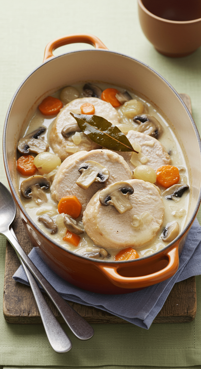 Blanquette de sot-l'y-laisse de dinde élégante sauce crémeuse blanche fenouil braisé