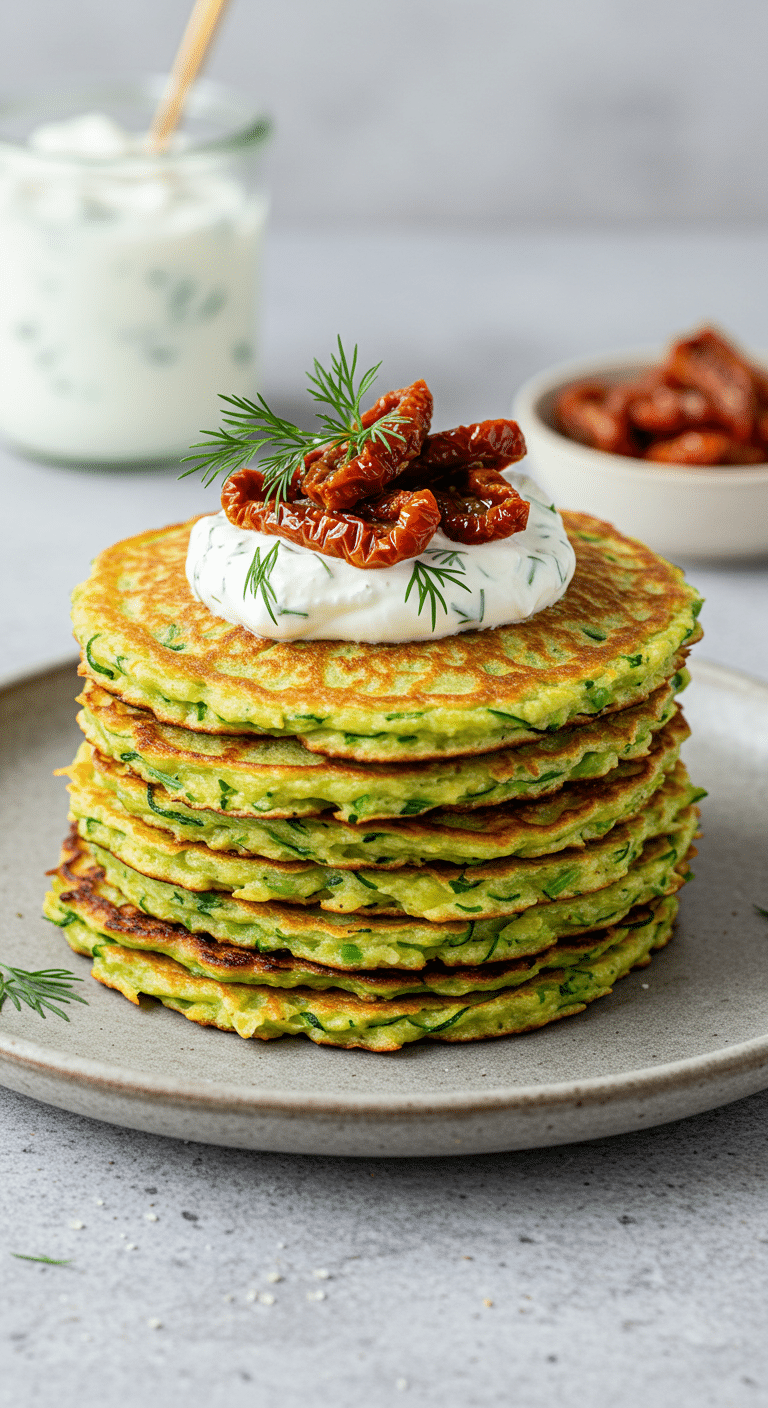 Blinis de courgettes dorés croustillants sur planche bois rustique