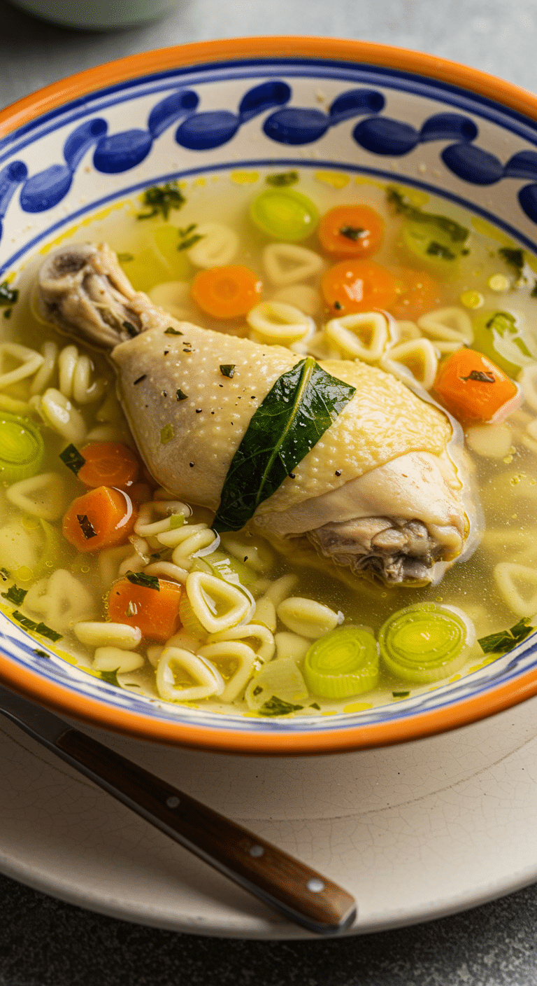 Bouillon de poulet doré maison dans bol traditionnel vapeur montante