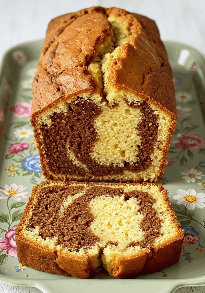 Cake marbré spéculoos – vanille avec tranches montrant le marbrage