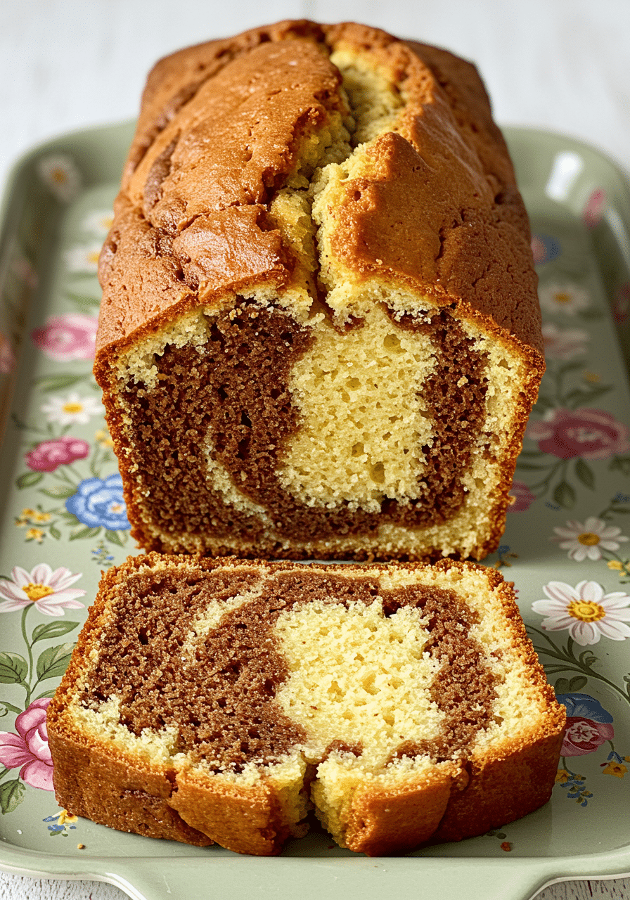 Cake marbré spéculoos – vanille avec tranches montrant le marbrage