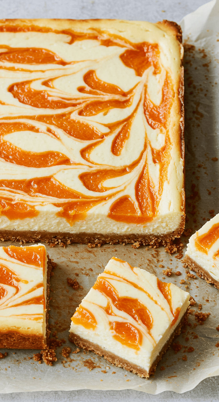 Cheesecake à l'abricot avec motifs marbrés oranges sur fond de marbre