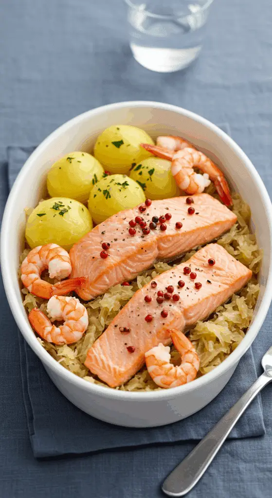 Choucroute au saumon élégante avec crevettes et pommes de terre