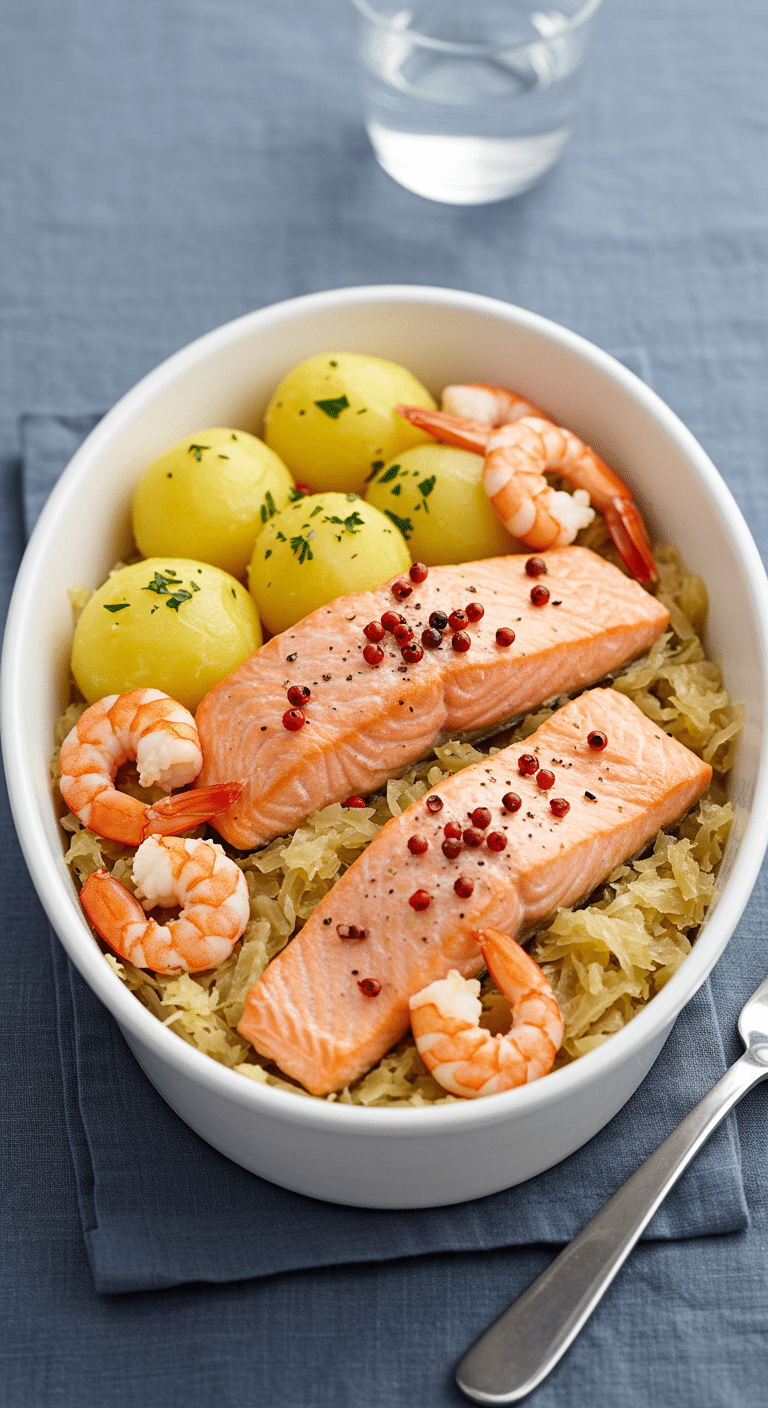 Choucroute au saumon élégante avec crevettes et pommes de terre