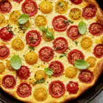 Clafoutis salé tomates basilic doré dans plat de cuisson céramique
