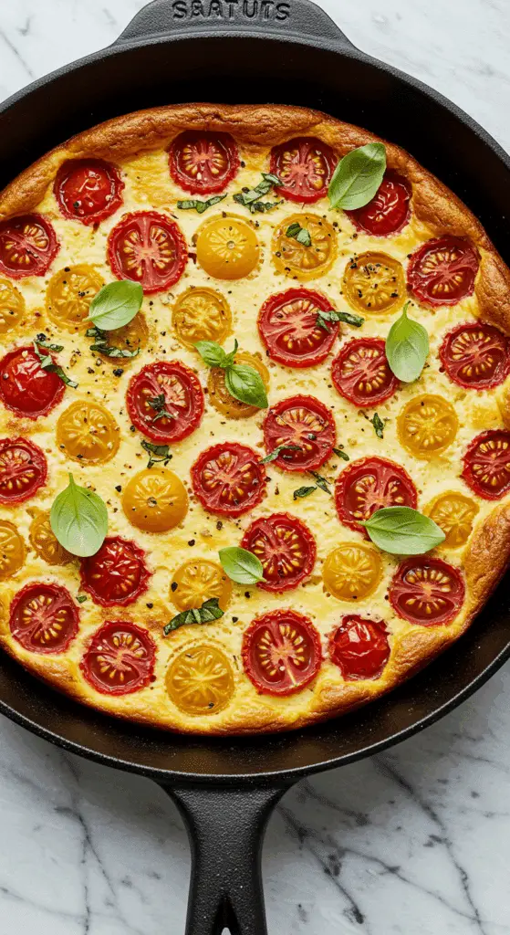Clafoutis salé tomates basilic doré dans plat de cuisson céramique