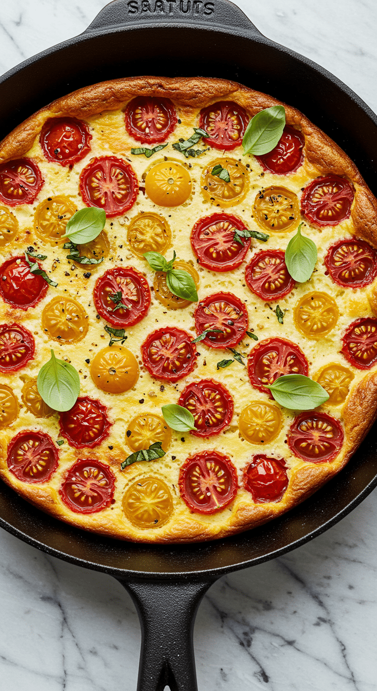 Clafoutis salé tomates basilic doré dans plat de cuisson céramique