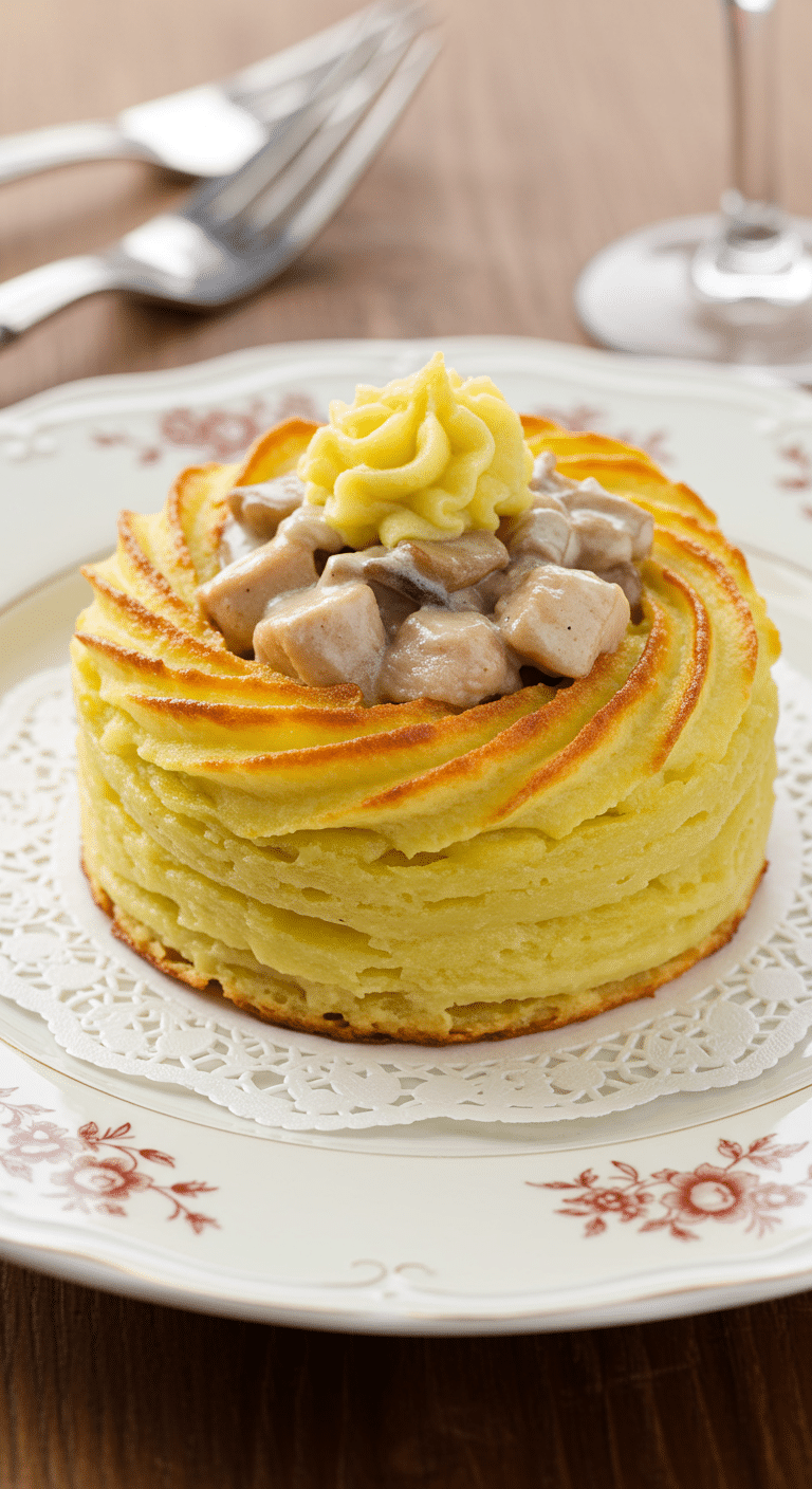 Coquilles de volaille à la crème avec pommes de terre duchesse dorées