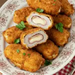 Cordons bleus dorés et croustillants coupés montrant garniture jambon fromage