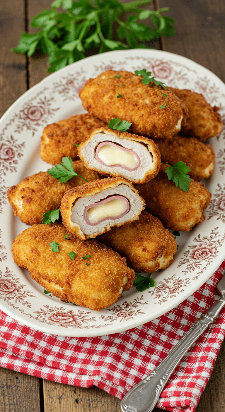 Cordons bleus dorés et croustillants coupés montrant garniture jambon fromage