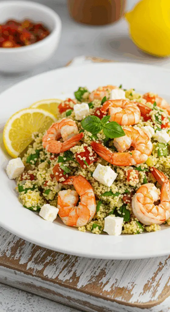 Couscous estival et crevettes dans un bol blanc sur table en bois