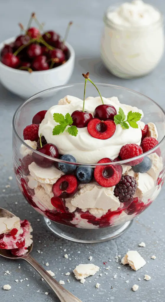 Eaton mess aux fruits rouges dans un bol en verre avec meringue brisée