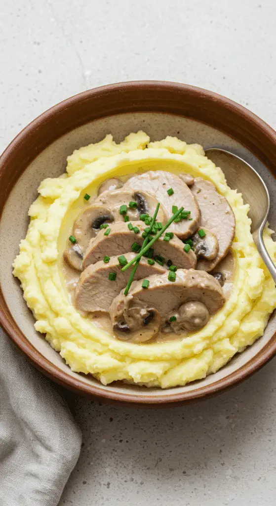 Émincé de veau et pomme purée dressé sur assiette blanche