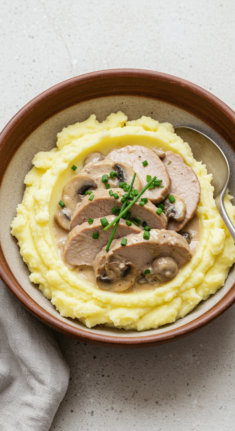 Émincé de veau et pomme purée dressé sur assiette blanche