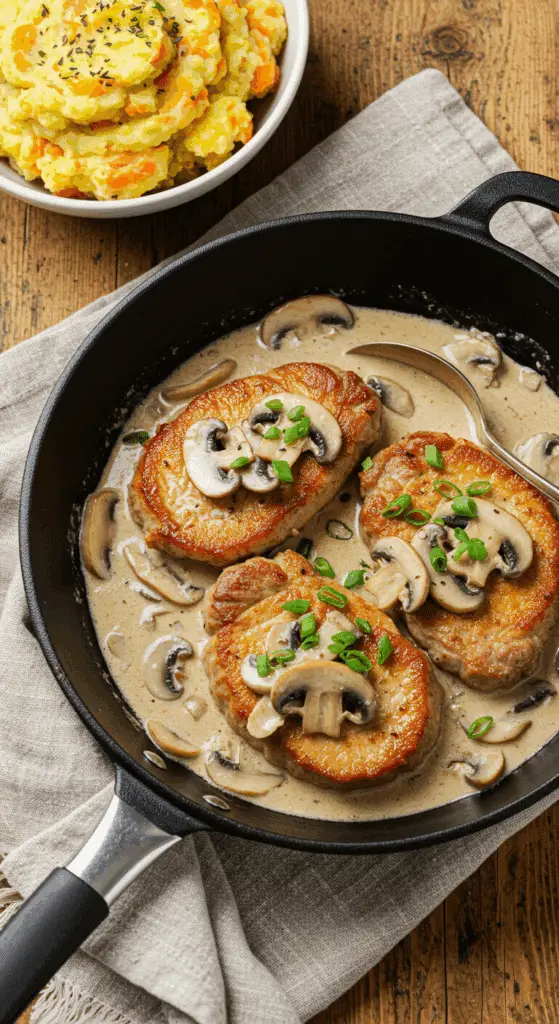 Escalopes à la crème avec champignons de Paris sur assiette blanche