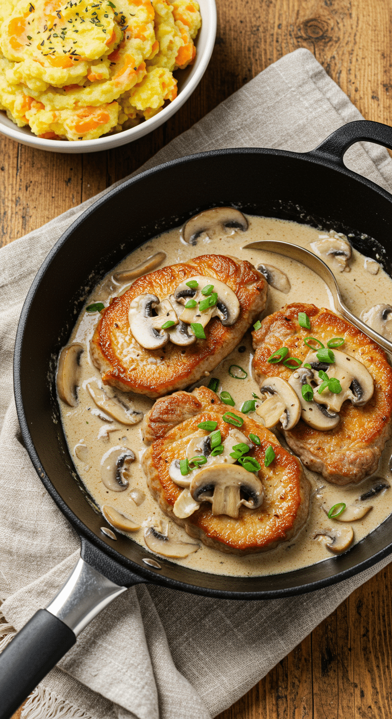 Escalopes à la crème avec champignons de Paris sur assiette blanche