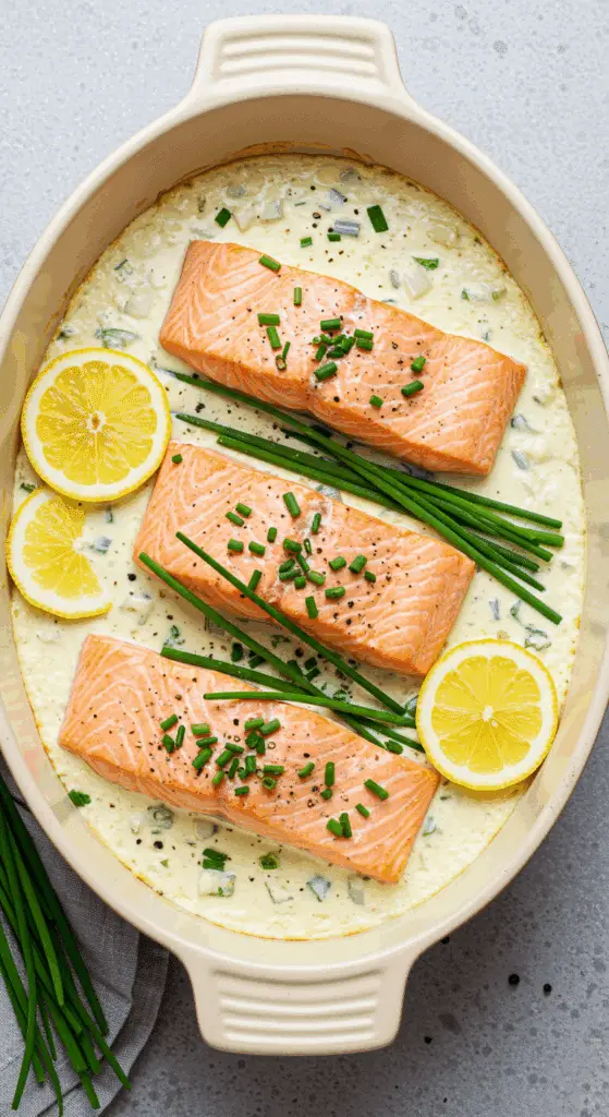 Filets de saumon à la crème ciboulette dans un plat de cuisson