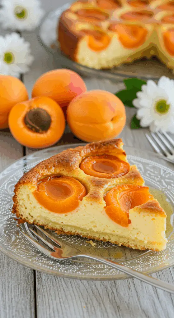Flan aux abricots doré avec abricots frais et pistaches
