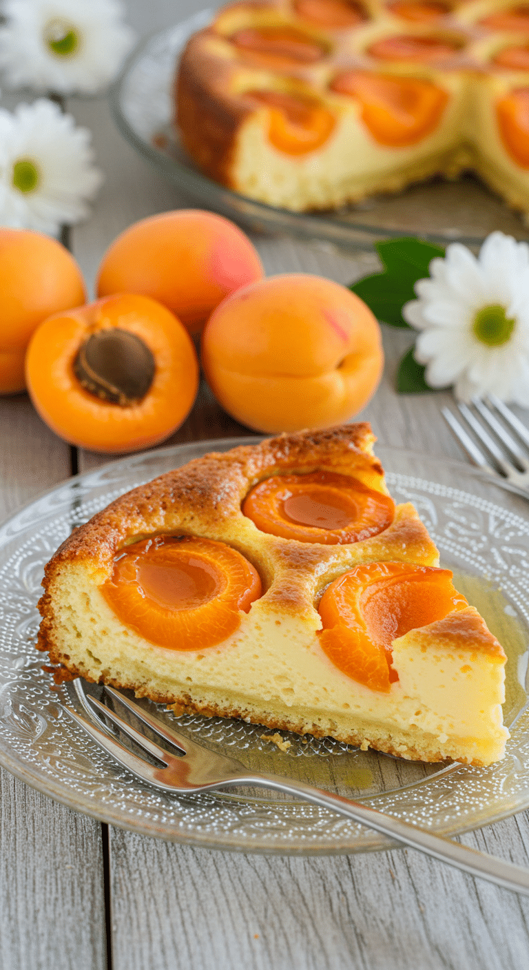 Flan aux abricots doré avec abricots frais et pistaches