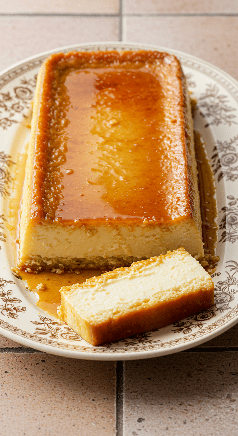 Flan coco au citron vert avec caramel doré sur assiette blanche