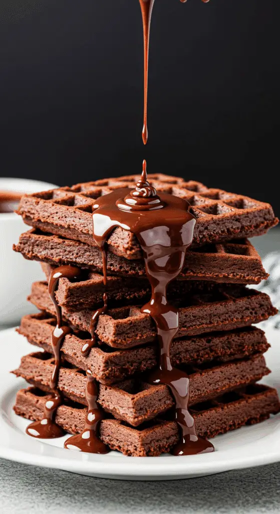 Gaufres brownie chocolat empilées assiette blanche glace vanille chocolat fondu