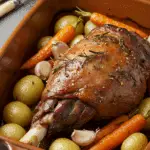 gigot confit doré dans plat terre cuite avec herbes aromatiques