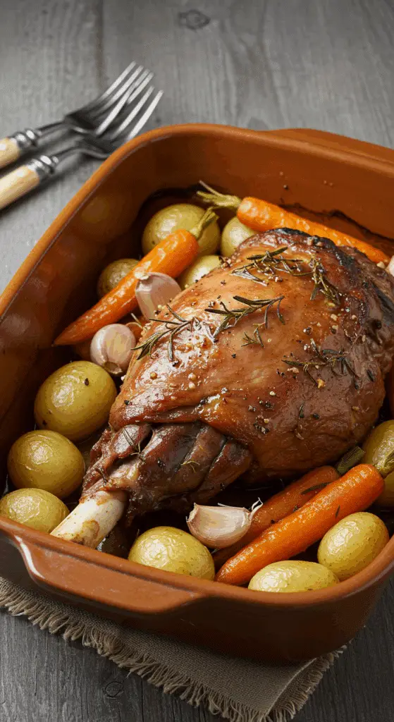 gigot confit doré dans plat terre cuite avec herbes aromatiques