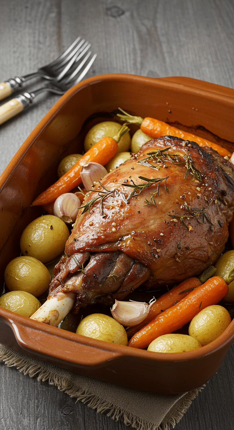 gigot confit doré dans plat terre cuite avec herbes aromatiques