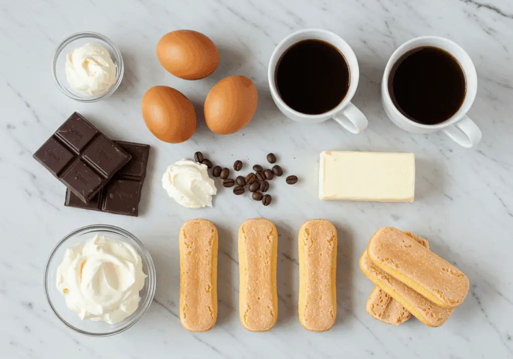 Ingrédients pour bûche façon marquise au chocolat disposés harmonieusement