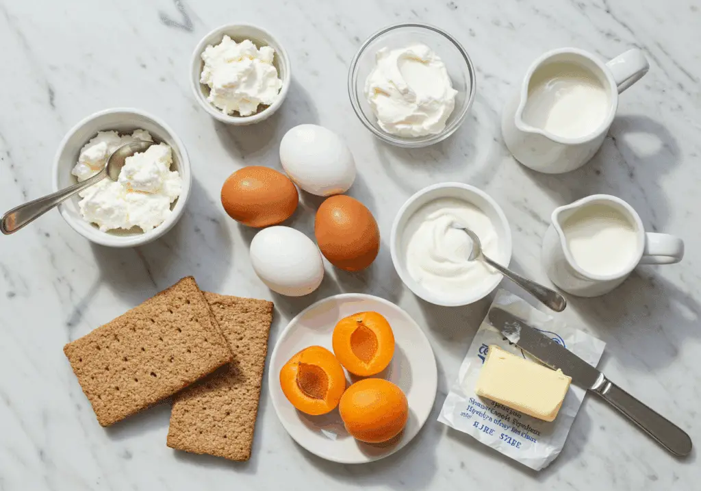 Ingrédients pour cheesecake à l'abricot disposés sur marbre blanc