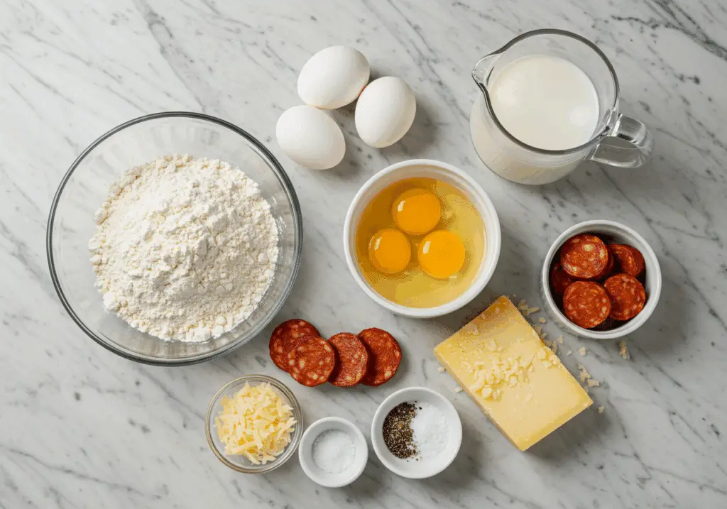 ingrédients clafoutis au chorizo farine œufs lait chorizo gruyère