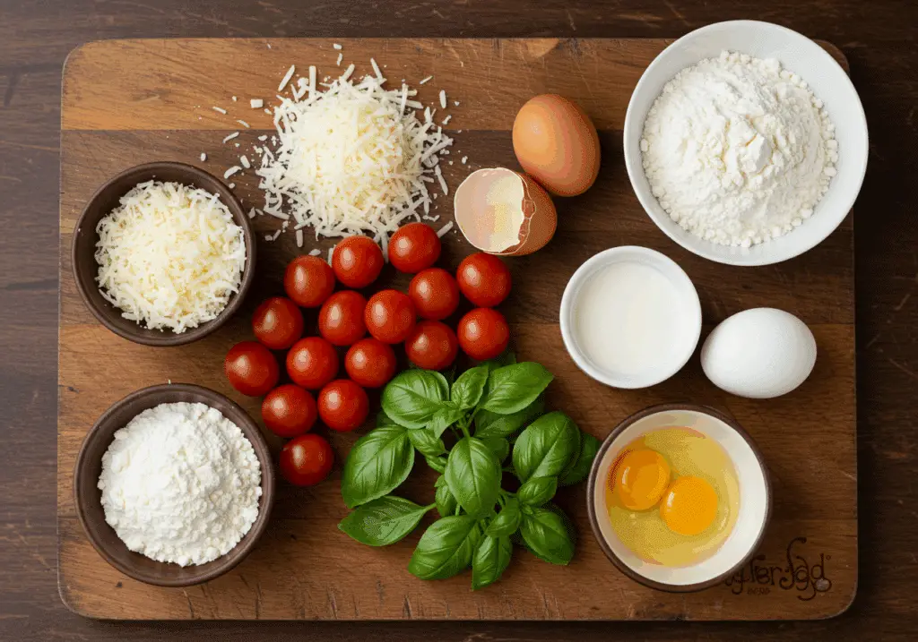 Ingrédients pour clafoutis salé tomates basilic sur planche bois rustique