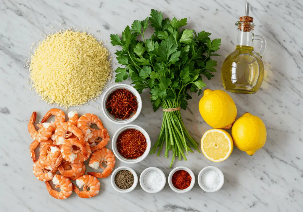 Ingrédients pour couscous estival et crevettes disposés sur plan de travail
