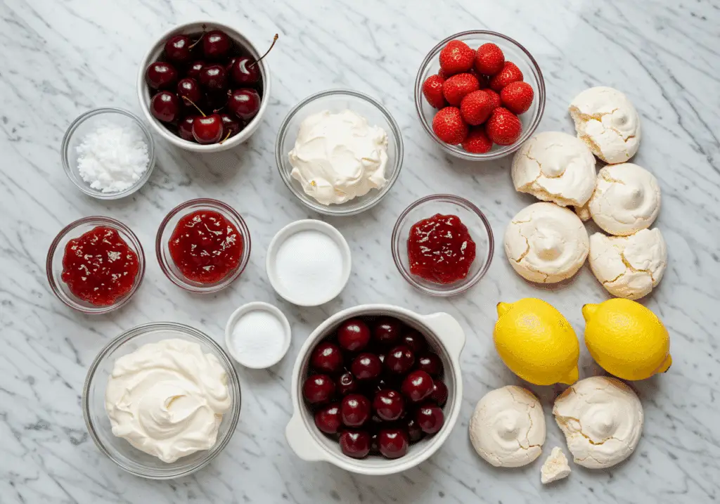 Ingrédients pour Eaton mess aux fruits rouges sur marbre blanc