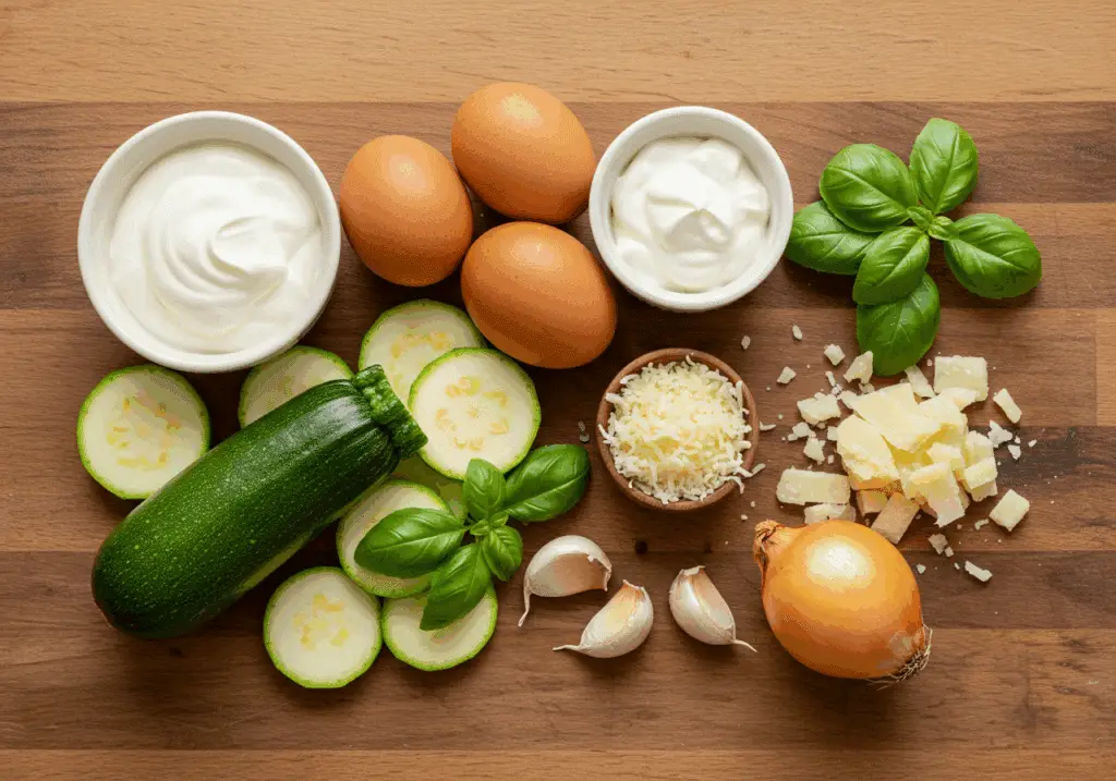 Ingrédients frais pour flan de courgettes au parmesan