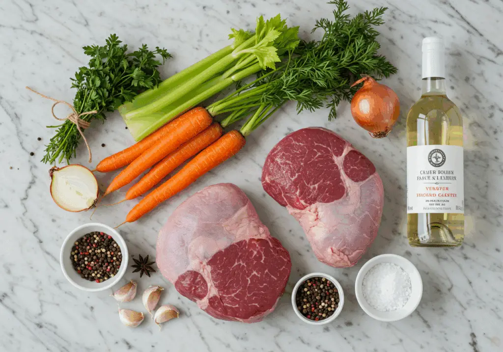 Ingrédients joue de bœuf aux carottes disposés sur marbre blanc