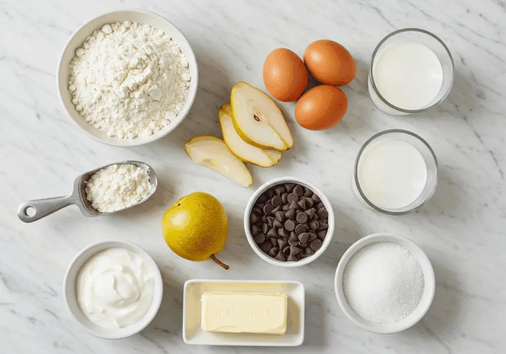 ingrédients muffin poire chocolat farine oeufs poires pépites