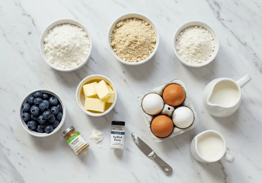 Ingrédients pour muffins low-carb aux myrtilles sur marbre blanc