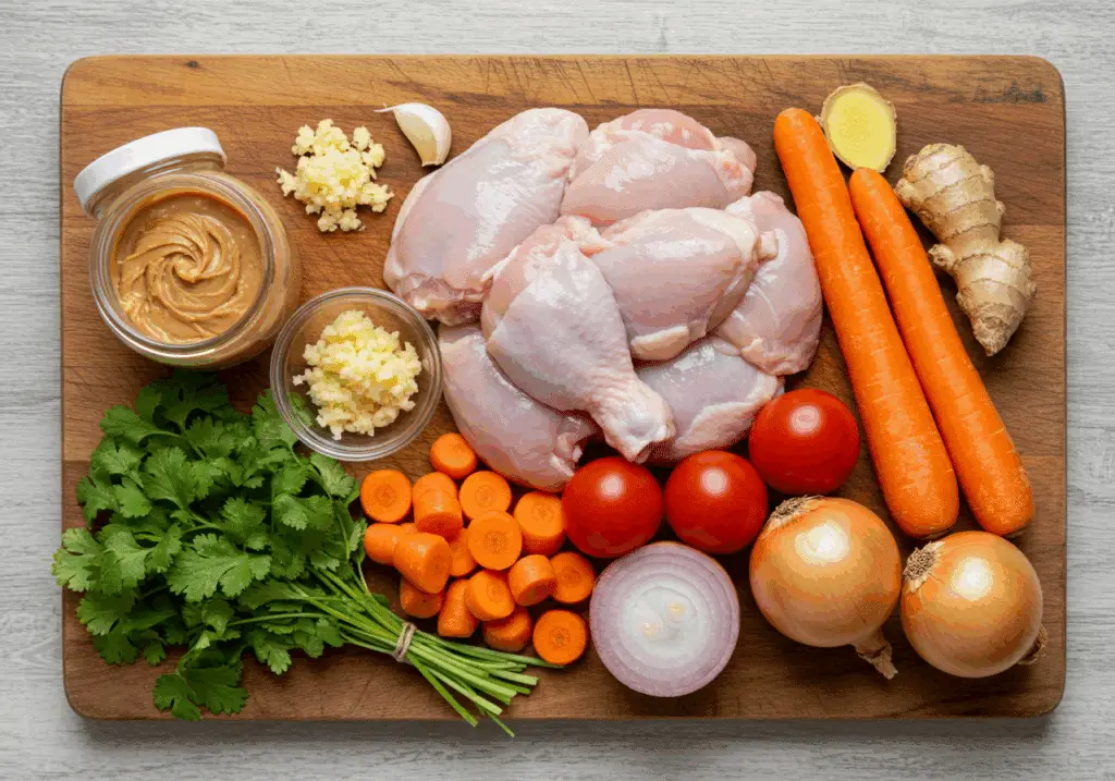 Ingrédients poulet pâte arachide morceaux poulet légumes épices planche bois