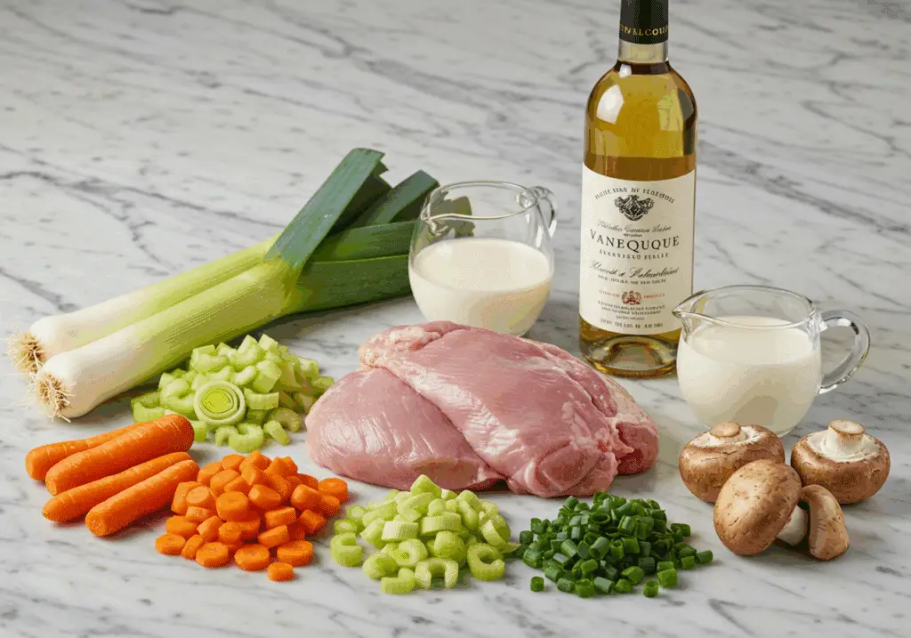 Ingrédients premium blanquette sot-l'y-laisse dinde légumes frais vin blanc crème