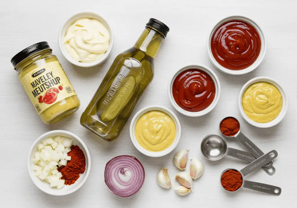 Ingrédients sauce burger disposés mayonnaise cornichon ketchup moutarde paprika ail oignon
