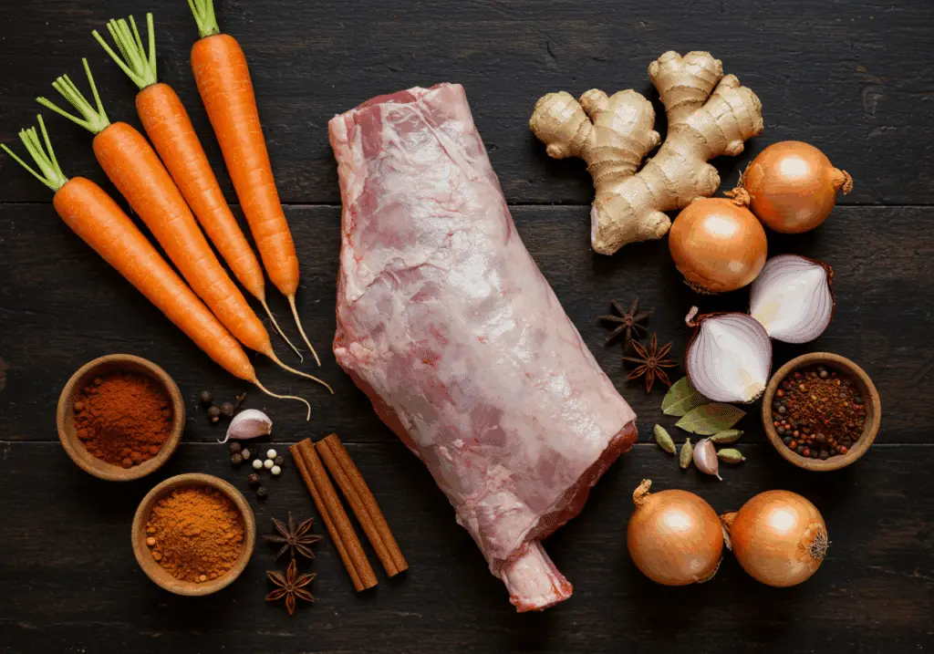 Ingrédients tajine agneau épaule entière disposés sur bois sombre