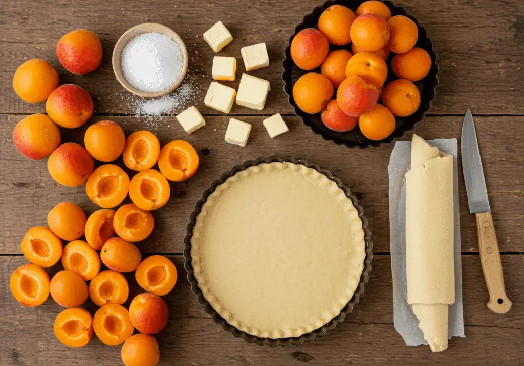 Ingrédients pour tarte tatin aux abricots disposés sur table en bois