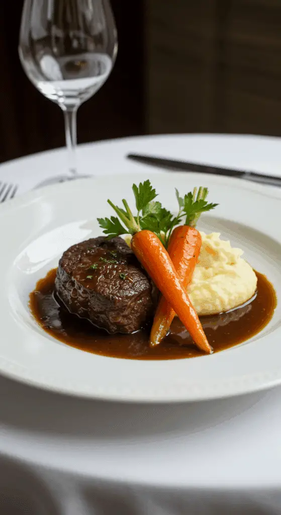 Joue de bœuf aux carottes dressée élégamment avec purée crémeuse