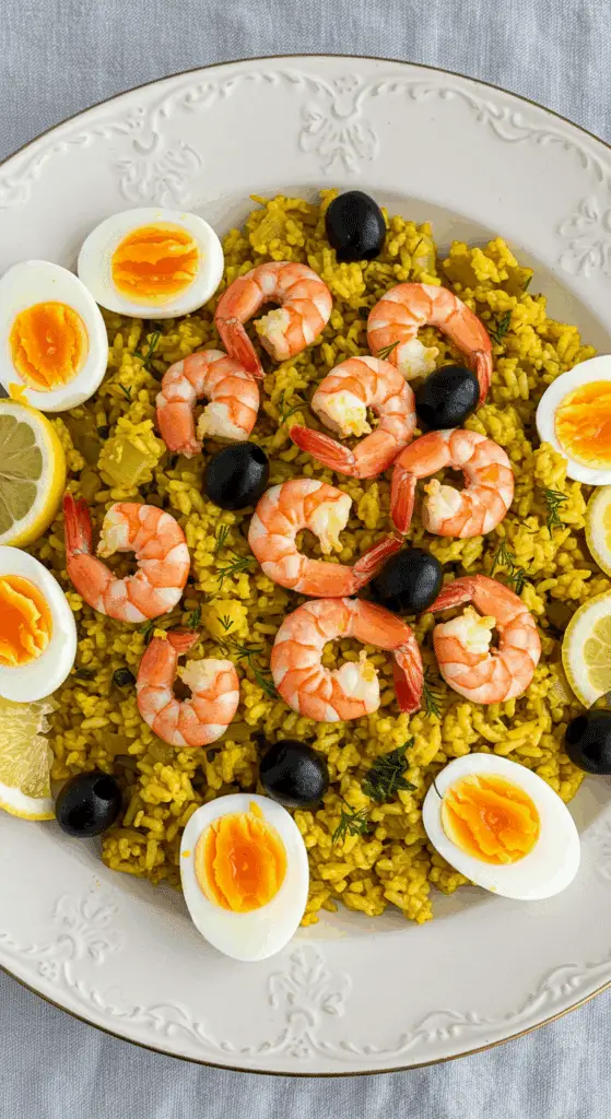 Kedgeree aux crevettes élégamment dressé avec œufs durs et aneth frais
