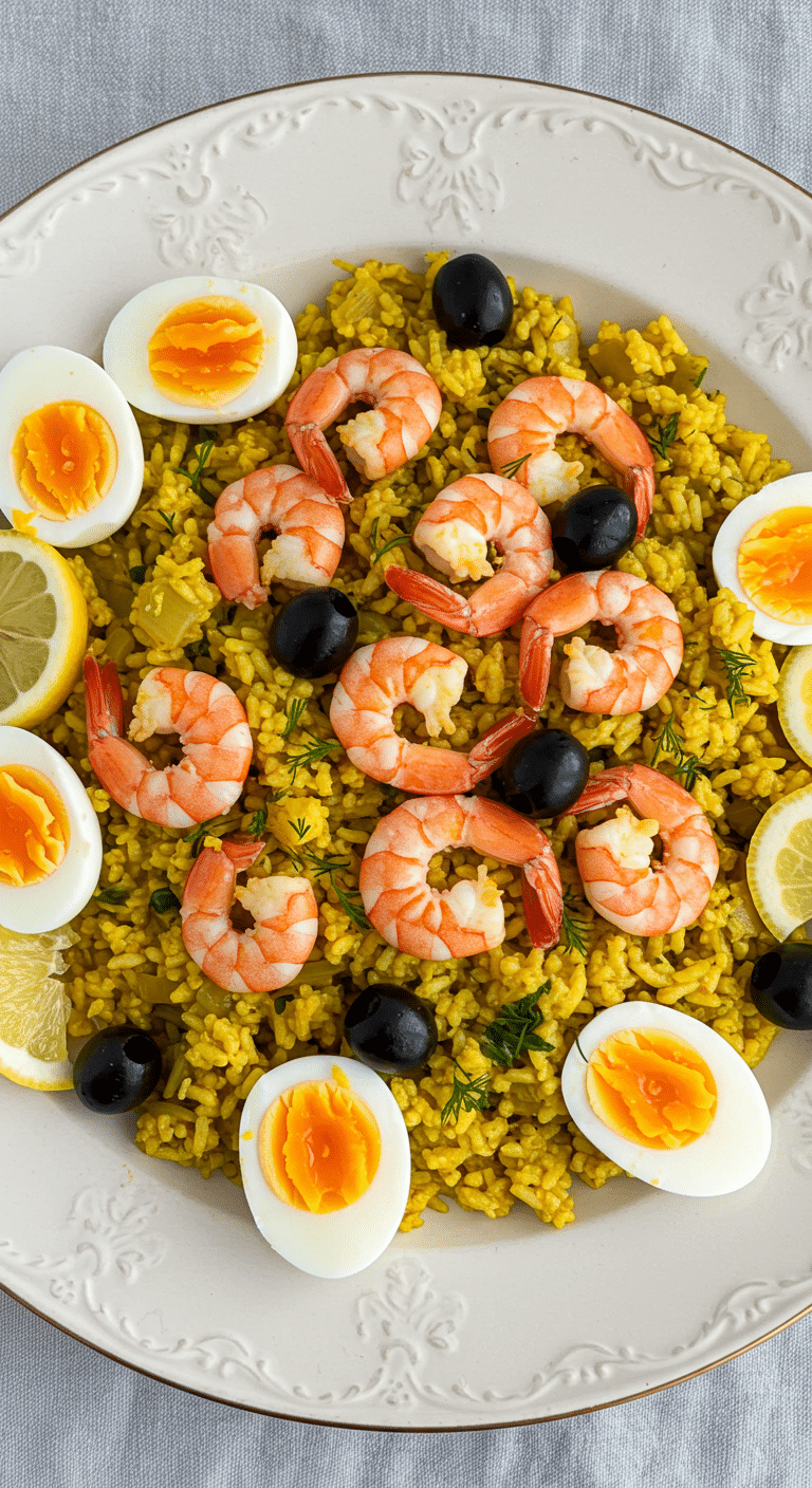 Kedgeree aux crevettes élégamment dressé avec œufs durs et aneth frais