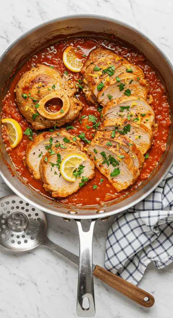 Osso buco de dinde mijoté dans sauce tomate aux légumes avec herbes fraîches